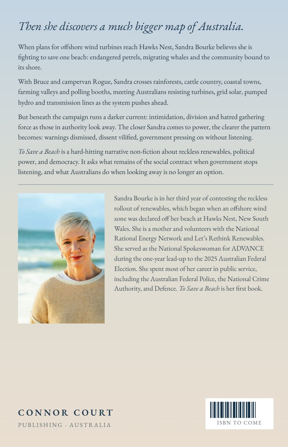 Back cover of To Save a Beach with the synopsis and author biography